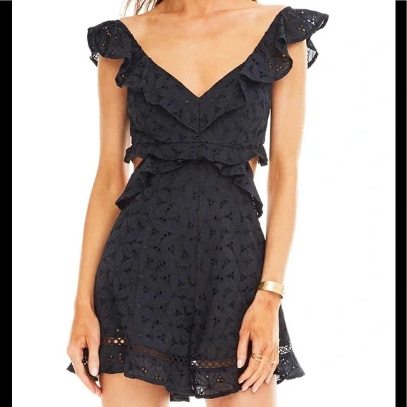 ASTR ALEXIS ROMPER Ruffle Cut Out Back Eyelet Floral Embroidery Dark Blue - Picture 8 of 16